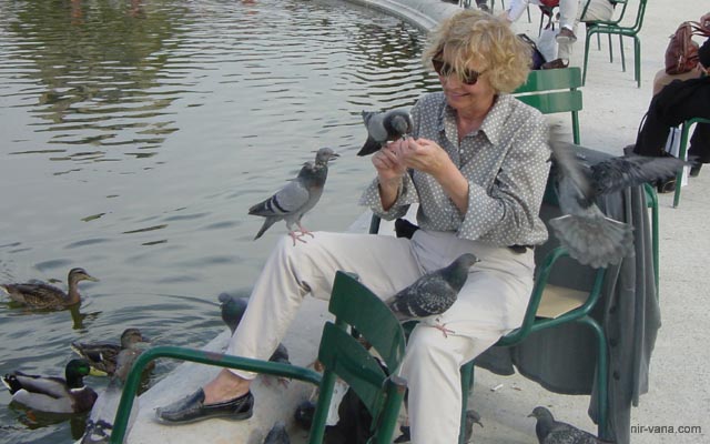 P1938 Woman feeds birds in Tuileries